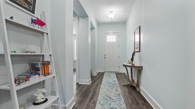 interior space with dark wood-type flooring