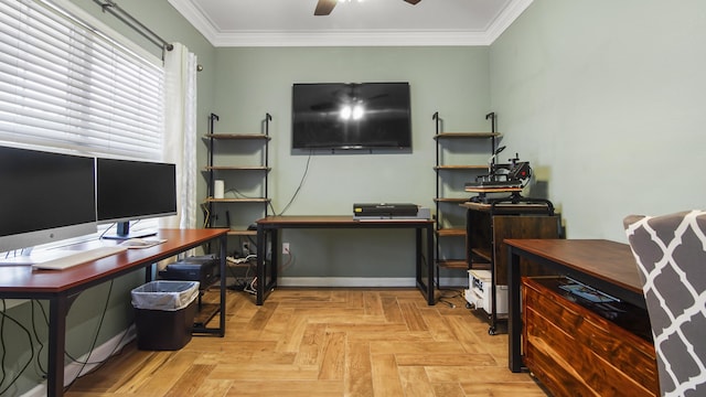 office featuring ceiling fan, ornamental molding, and light parquet floors