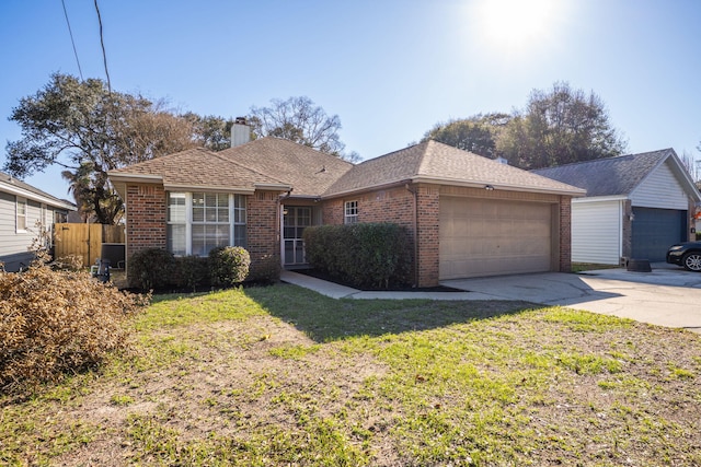 ranch-style house with a front yard, brick siding, a chimney, and roof with shingles