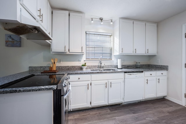 kitchen with electric stove, white dishwasher, under cabinet range hood, white cabinetry, and a sink