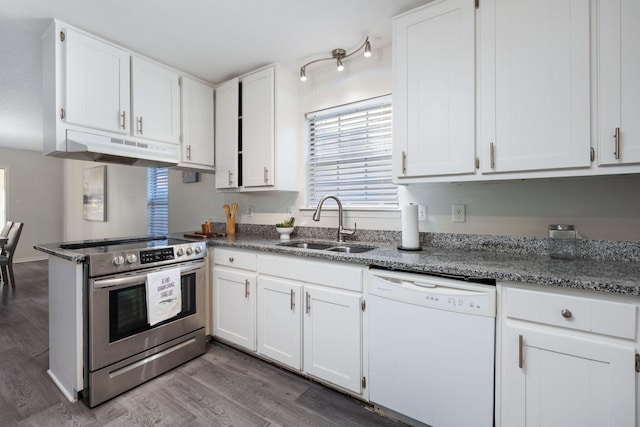 kitchen with stainless steel electric stove, white cabinetry, white dishwasher, a sink, and under cabinet range hood