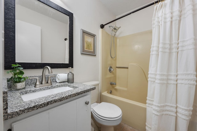 full bath with toilet, shower / bath combo with shower curtain, and vanity