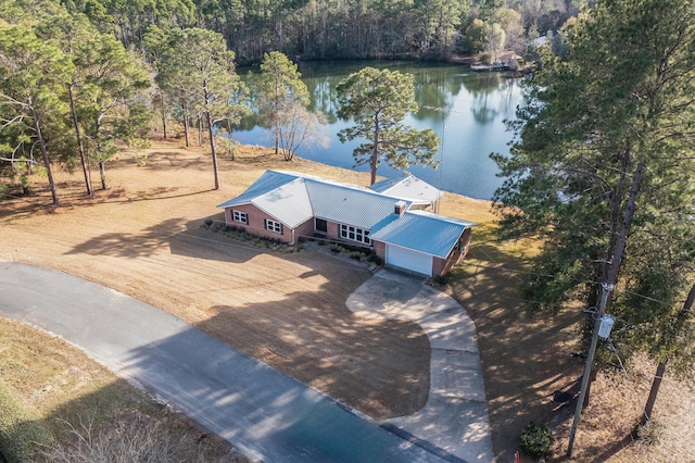 drone / aerial view featuring a water view