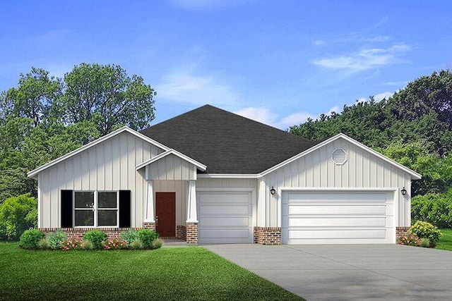 view of front of property with a front lawn, driveway, roof with shingles, a garage, and brick siding