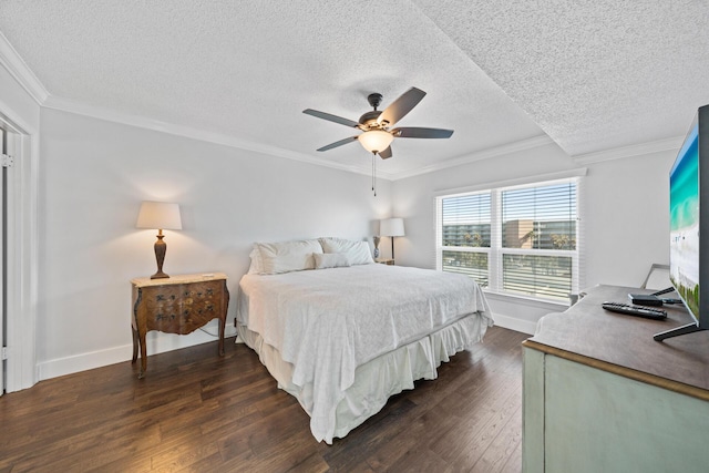 bedroom with crown molding, dark hardwood / wood-style flooring, a textured ceiling, and ceiling fan