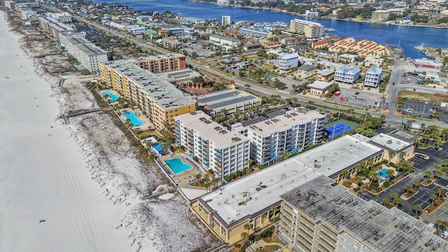 drone / aerial view featuring a water view