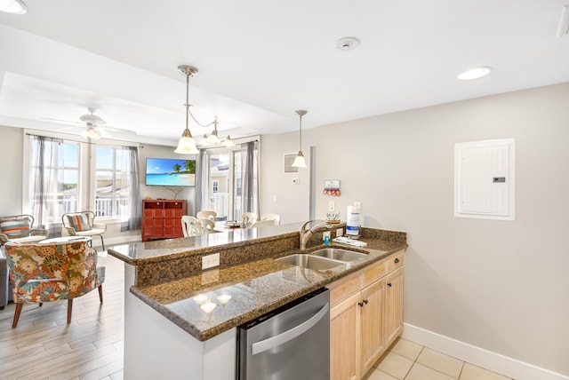 kitchen with dishwasher, light brown cabinets, sink, kitchen peninsula, and electric panel