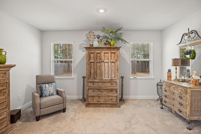 living area featuring light carpet and plenty of natural light