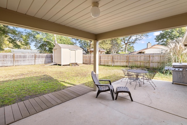 view of patio / terrace featuring area for grilling and a storage unit