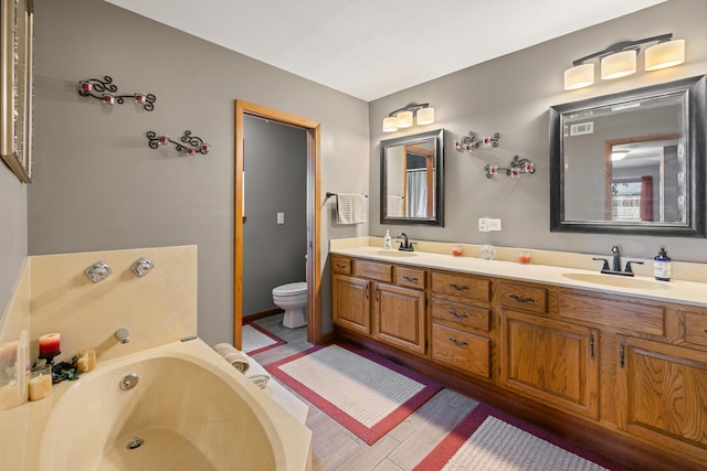 bathroom featuring vanity, a bathtub, and toilet