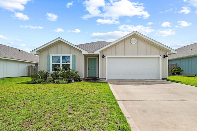 ranch-style home with a front yard and a garage