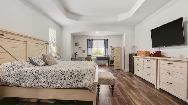 bedroom with a tray ceiling and dark wood finished floors