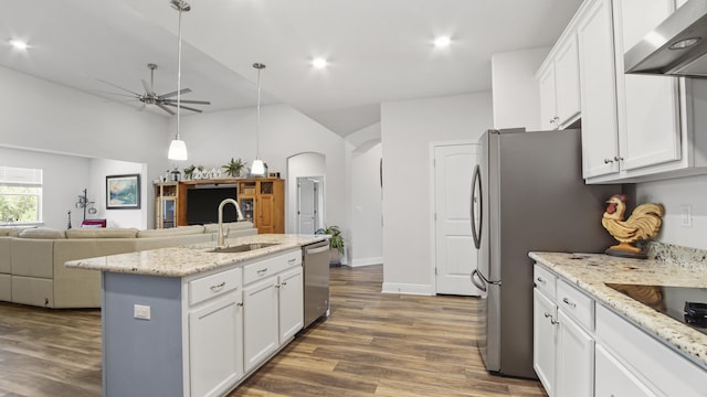 kitchen featuring white cabinetry, appliances with stainless steel finishes, ventilation hood, and a sink