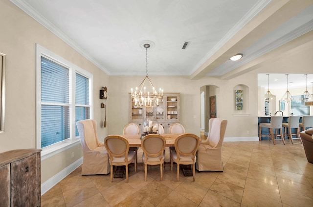 dining space featuring an inviting chandelier, light tile patterned floors, and crown molding