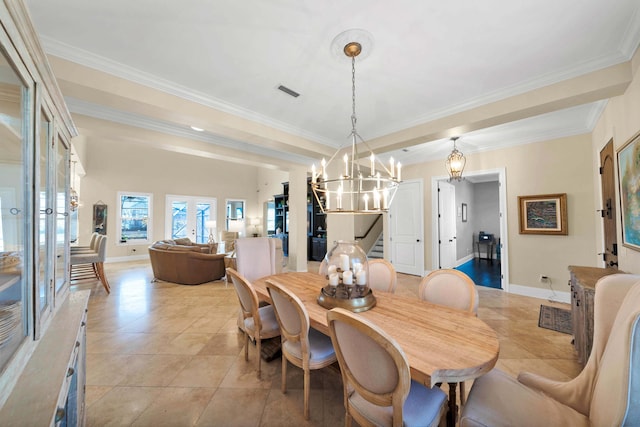 tiled dining room featuring french doors, crown molding, and a chandelier