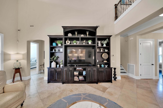 living room with a towering ceiling