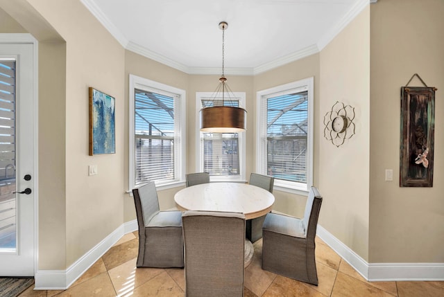 tiled dining room with ornamental molding