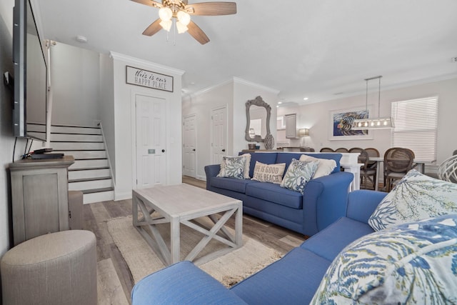 living room featuring hardwood / wood-style flooring, crown molding, and ceiling fan