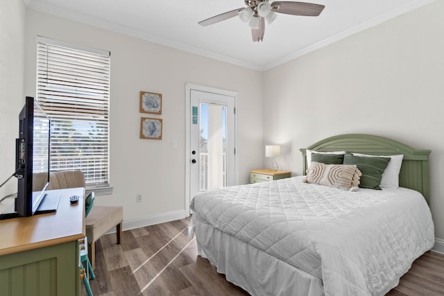 bedroom with ceiling fan, dark hardwood / wood-style flooring, and crown molding