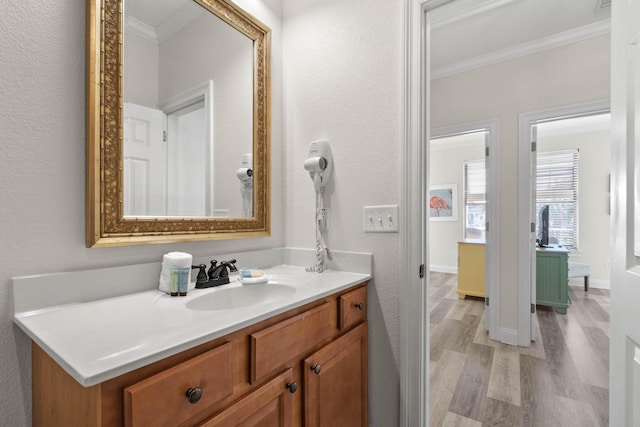 bathroom with vanity, ornamental molding, and hardwood / wood-style floors