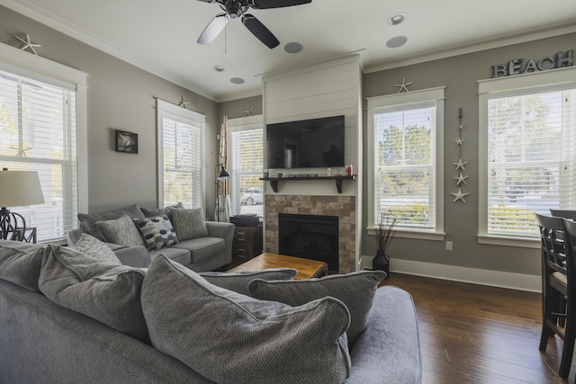 living room with crown molding, a healthy amount of sunlight, dark hardwood / wood-style floors, and a stone fireplace