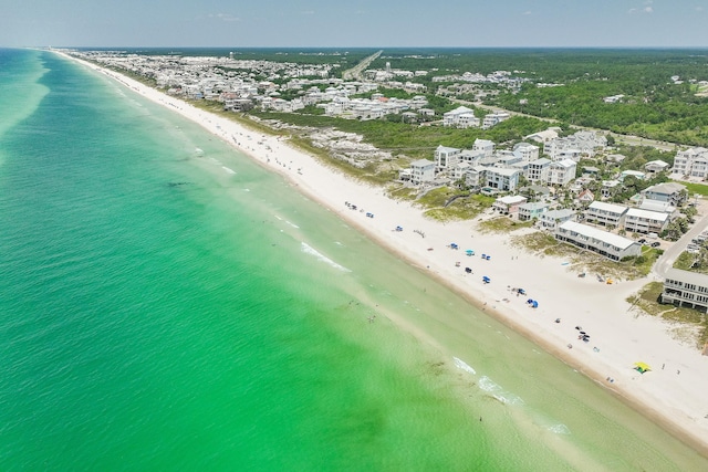 drone / aerial view with a water view and a view of the beach