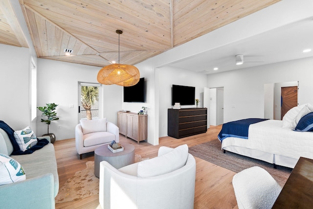 bedroom with hardwood / wood-style floors and wooden ceiling