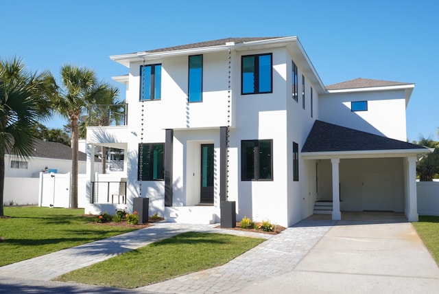 view of front of home with a front lawn and a garage