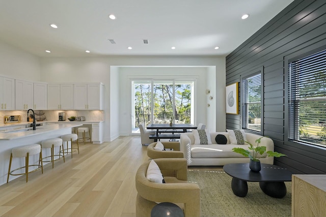 living room featuring sink, wood walls, and light hardwood / wood-style flooring