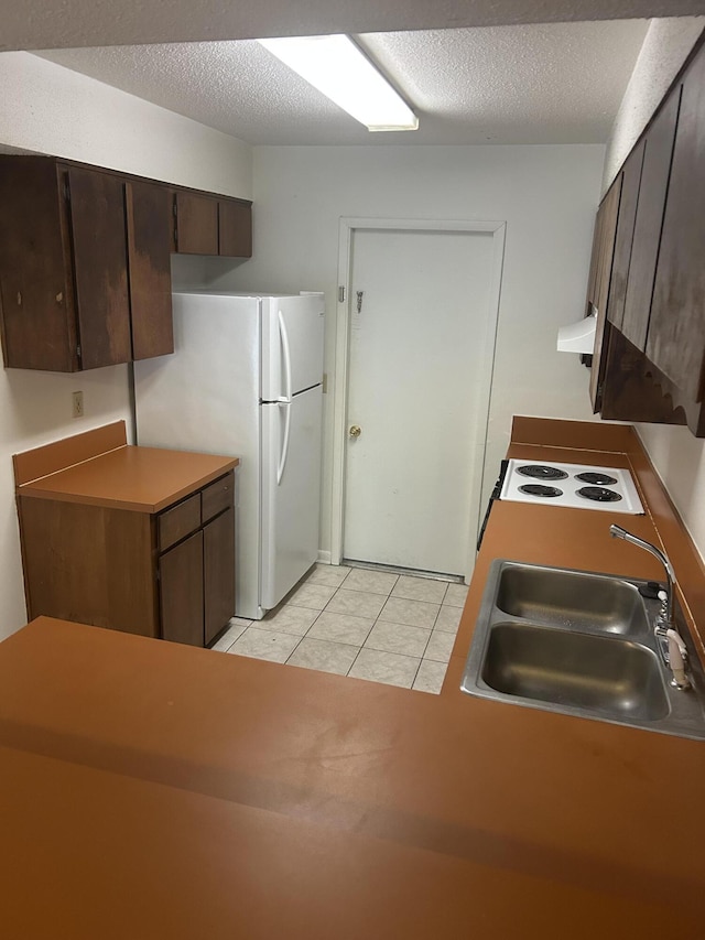 kitchen with dark brown cabinetry, stovetop, sink, white fridge, and range hood