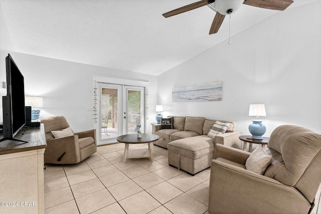 5620 Pinetree Ave, Panama City Beach, FL 32408 - living room featuring lofted ceiling, french doors, ceiling fan, and light tile patterned flooring