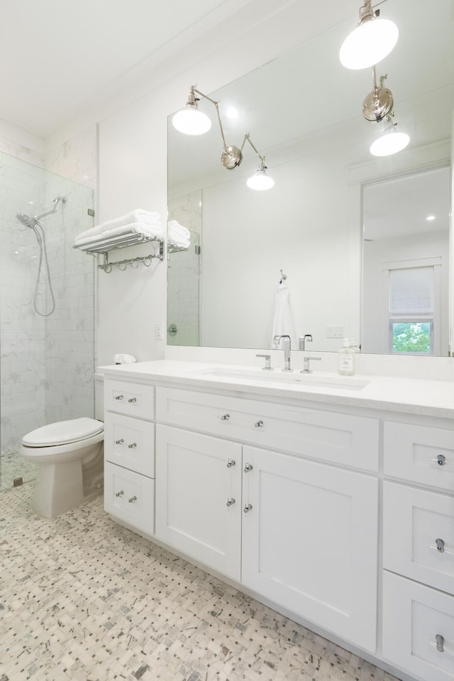 bathroom featuring vanity, toilet, and a shower with door