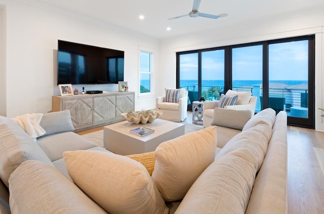 living room with ceiling fan and light hardwood / wood-style flooring