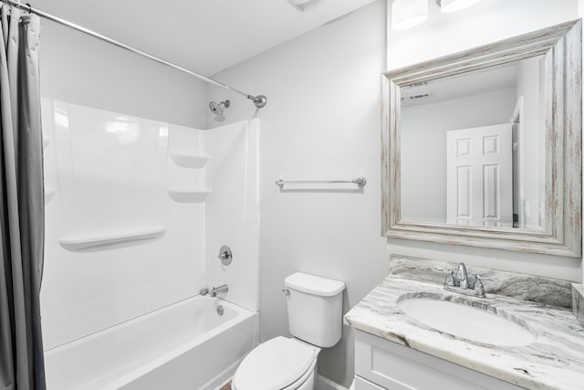 full bathroom featuring vanity, shower / bathtub combination with curtain, and toilet