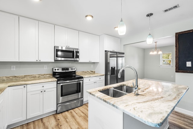 kitchen featuring sink, white cabinetry, hanging light fixtures, an island with sink, and stainless steel appliances