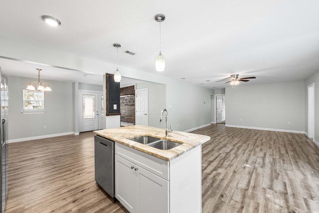 kitchen featuring pendant lighting, sink, white cabinets, stainless steel dishwasher, and a center island with sink