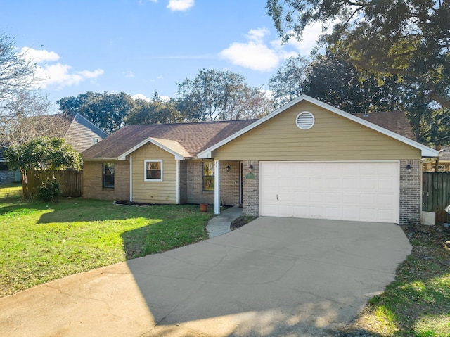 ranch-style house with a garage and a front lawn