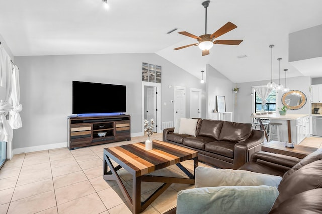 tiled living room featuring lofted ceiling and ceiling fan