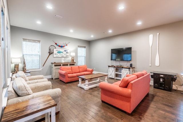 living room with dark wood-type flooring