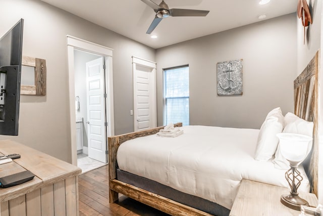 bedroom featuring connected bathroom, ceiling fan, and light hardwood / wood-style floors