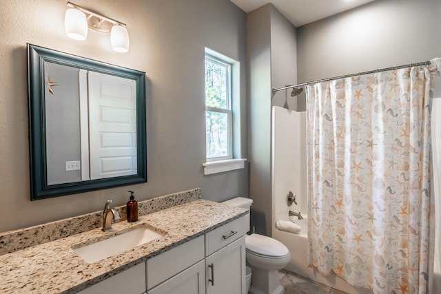 full bathroom with toilet, vanity, and shower / bath combination with curtain