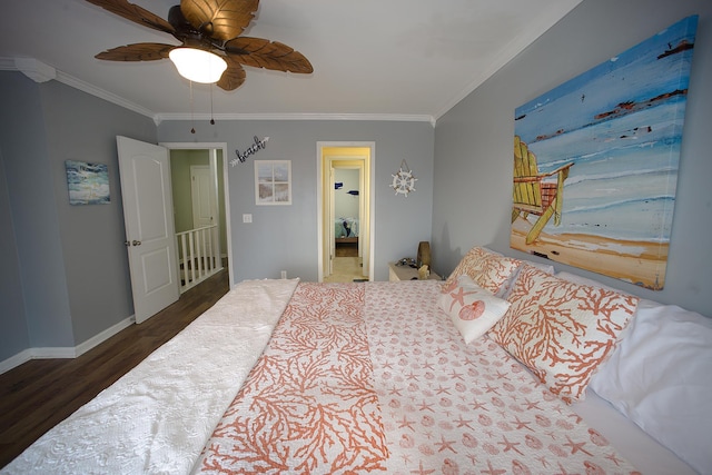 bedroom with ceiling fan, crown molding, and dark hardwood / wood-style floors