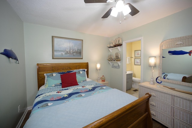 bedroom featuring ceiling fan, a textured ceiling, and ensuite bathroom