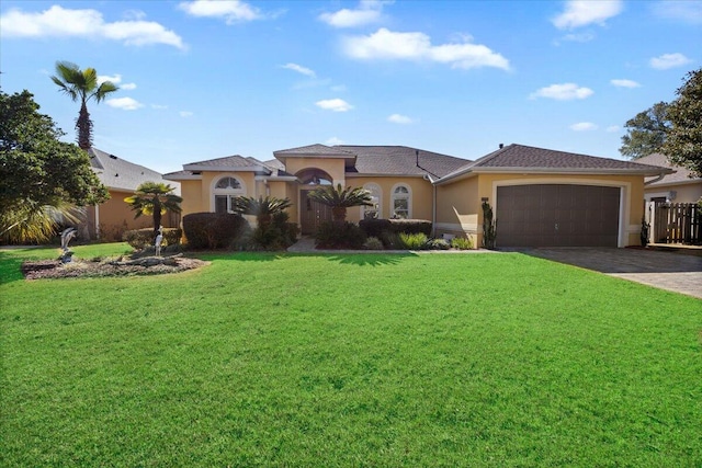 view of front of house featuring a garage and a front lawn