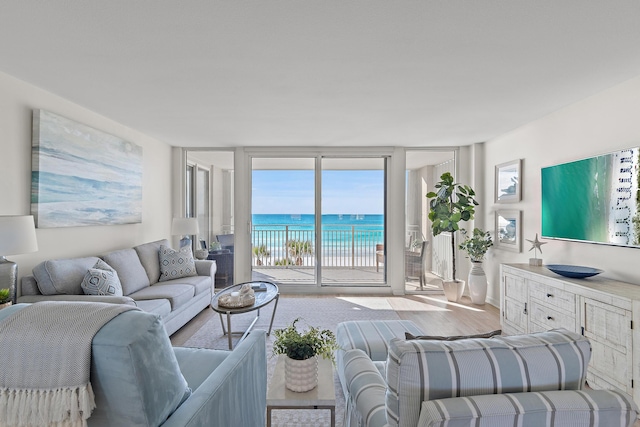 living room featuring floor to ceiling windows and light hardwood / wood-style flooring