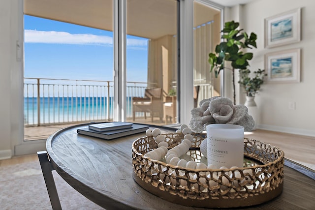 living area with light hardwood / wood-style flooring and a water view