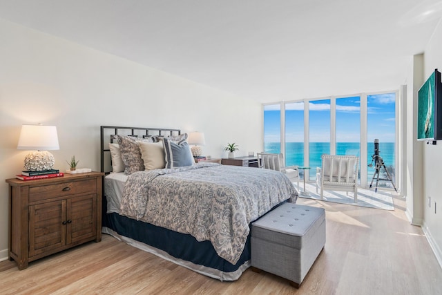 bedroom with a wall of windows, access to exterior, and light hardwood / wood-style flooring