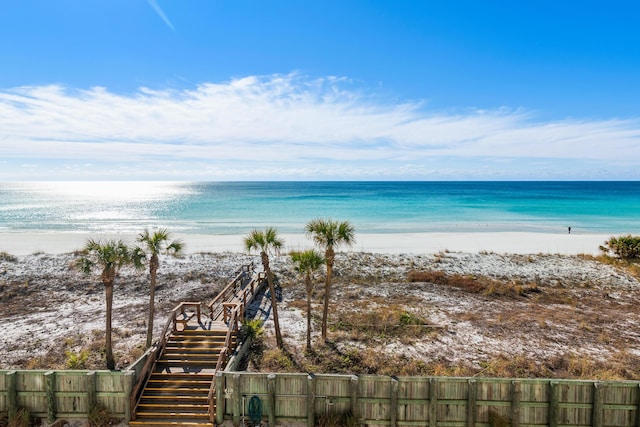 view of water feature with a beach view