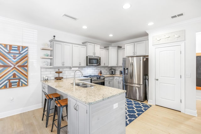 kitchen with stainless steel appliances, sink, backsplash, kitchen peninsula, and a breakfast bar