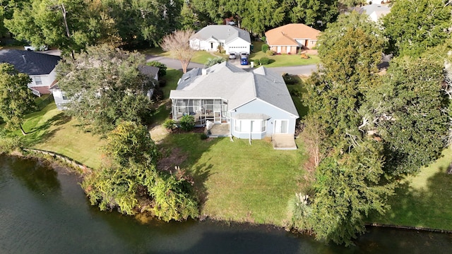 drone / aerial view with a water view